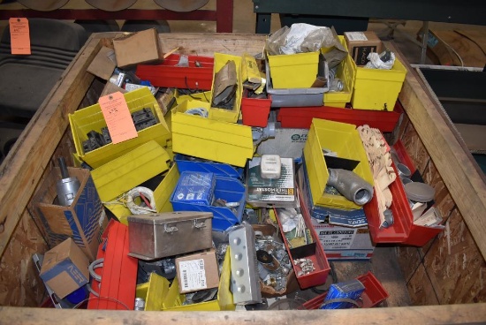WOOD BOX WITH CONTENTS: ELECTRICAL COMPONENTS, WIRE, BINS, ETC