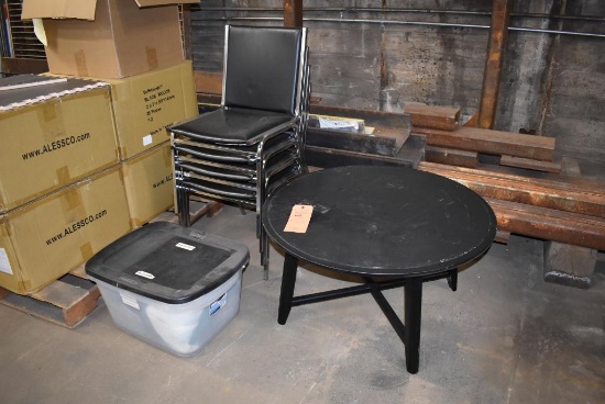 LOT TO INCLUDE (4) STACKING CHAIRS, BLACK VINYL WITH CHROME FRAME, BLACK TABLE
