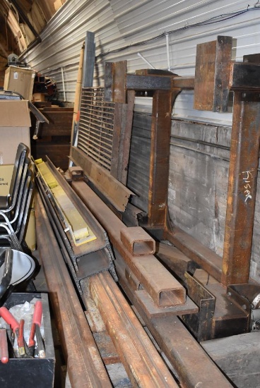 ASSORTED LOT WITH STEEL: HD STEEL CART ON 10" STEEL WHEELS W/(2) RECTANGULAR TUBES