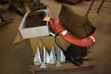 SKID WITH BOAT ANCHORS, LIFT JACKETS (NEW IN BOX) WADERS, THROW TYPE PFD