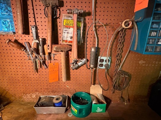 ASSORTED LOT W/HAMMERS, CHISELS, SMALL PARTS CABINET, ETC