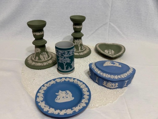 BOX WITH VINTAGE WEDGEWOOD JASPERWARE; GREEN MID-CENTURY CANDLE STICKS, HEART SHAPE DISH,