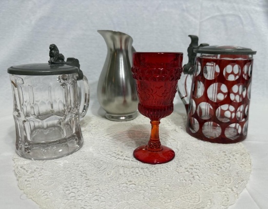 (4) PIECES OF OVERLAY SOUVENIR BEER MUG/STEIN, STEIN GLASS WITH LION, PEWTER PITCHER & RED GLASS