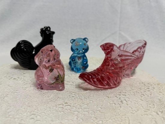 (4) PIECES OF FENTON HAND PAINTED FIGURINES; PINK RABBIT, BLUE BEAR, BLACK HEN AND PINK SHOE