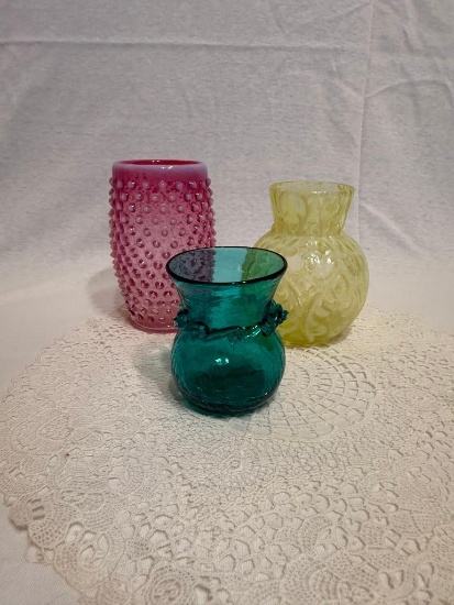 (3) PIECES OF FENTON GLASS PINK-OPAL TUMBLER, 4-3/4" TALL (CIRCA 1940'S); LE SMITH SIMPLICITY
