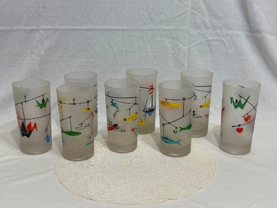 VINTAGE FROSTED LIBBEY CALDER MOBILE HIGHBALL MCM GLASSES, SET OF (8) MULTI-COLORFUL PATTERNS