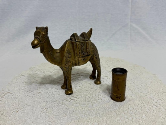 ANTIQUE SOLID BRASS INK WELL, APPROX. 5" TALL AND BRASS OPTICAL