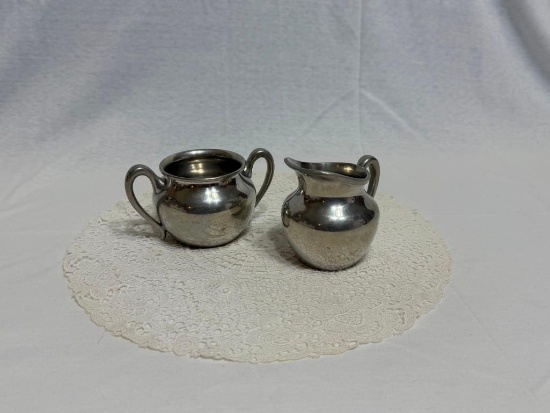 PEWTER CREAMER AND SUGAR (340) APPROX. 2.75" TALL, SUGAR- 3.5" TALL