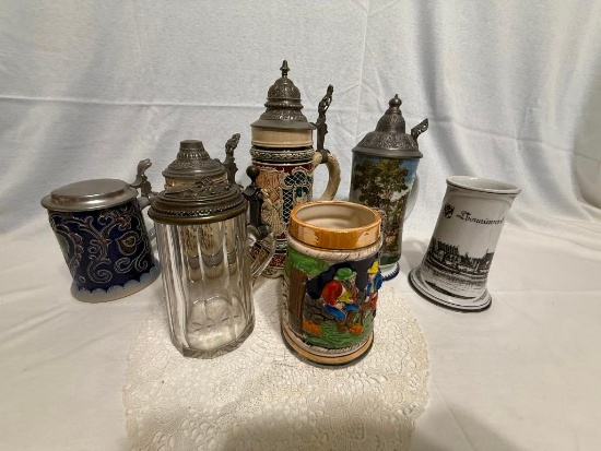 (7) BEER STEINS, 2-WITH GERMANY MARKING, 5-1/4" TALL UPTO 11-1/2" TALL