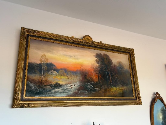 ANTIQUE PASTEL CHALK PAINTING, ARTIST POSSIBLY CHANDLER, ILLUMINATED SUNSET SKY