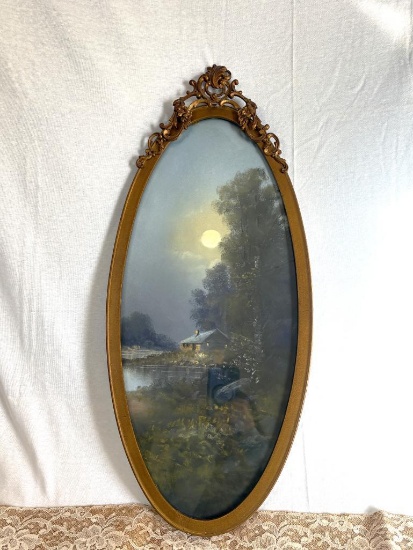 ANTIQUE PASTEL CHALK PAINTING ILLUMINATING MOON SHINING ON HOME,