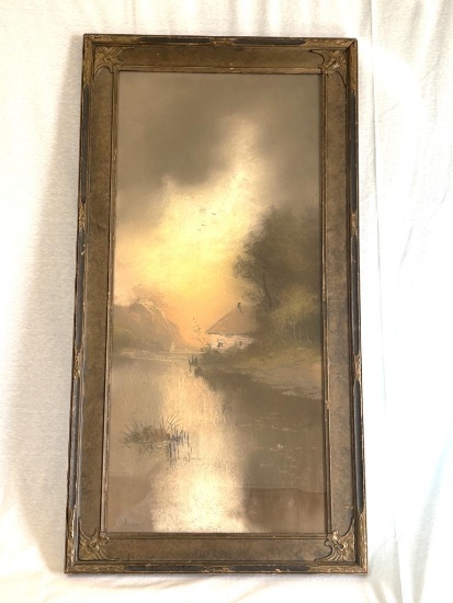 ANTIQUE PASTEL CHALK PAINTING, CHANDLER, ILLUMINATING SKY OVER HOME ON EDGE OF WATER,