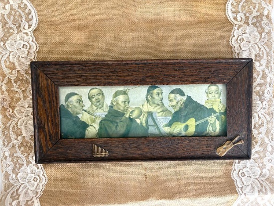 RASSOUS FILS L. FRENCH PRINT, MONKS MUSICAL BLOW OUT, 6 3/8"H X 13 5/8"W, WOOD FRAME