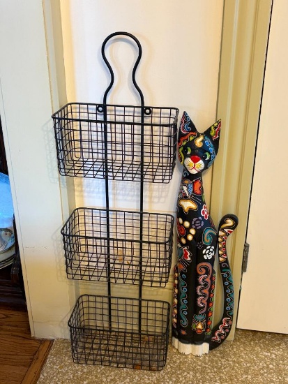 WOODED CARVED HAND PAINTED CAT APPROX 31 1/2"TALL WITH HANGING WALL ORGANIZER,