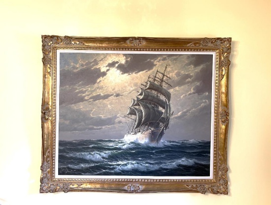 ORIGINAL OIL PAINTING BY WALTER DETTMANN TITLE "SEASCAPE" SAILING ON ROUGH WATERS,