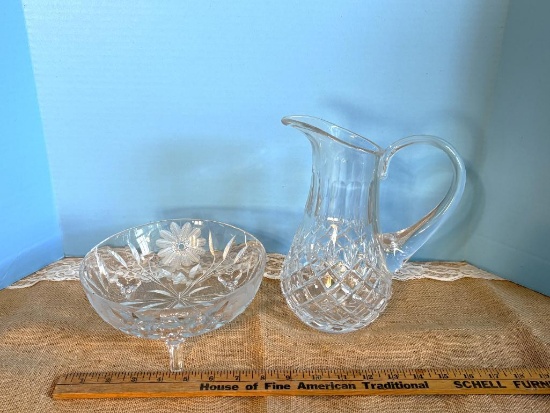 JEREMY CUT CRYSTAL/CLEAR GLASS CLARET PITCHER 9 1/2"H AND FOOTED SERVING BOWL,