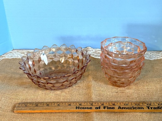 VINTAGE PINK DEPRESSION GLASS SERVING BOWL, DIAMOND PATTERN, WITH RUFFLED EDGE,