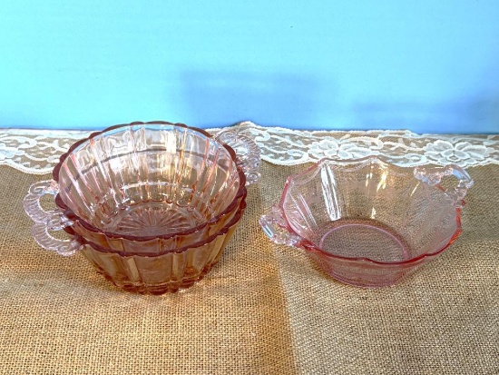 (2) ANCHOR HOCKING OLD CAFE PINK HANDLED CANDY BOWL/DISH AND (1) PINK