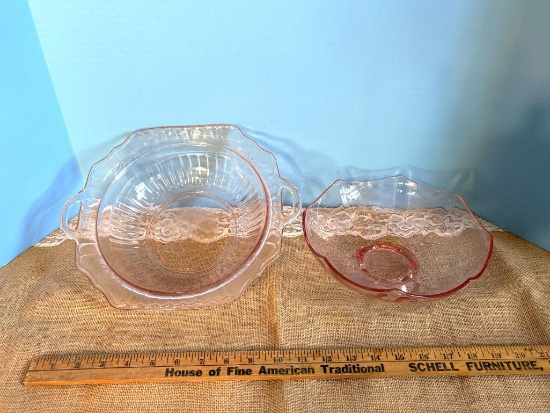 PINK DEPRESSION GLASS BOWL WITH HANDLES, FLORAL PATTERN, 9 3/4" X 11 3/4" X 2 7/8"H,