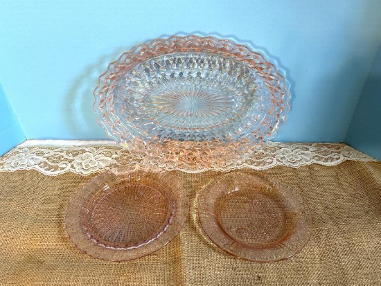 VINTAGE PINK DEPRESSION GLASS OVAL SERVING PLATE 8 1/4" X 11 5/8", (2) SMALL PALTES,