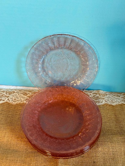 (6) JEANNETTE DEPRESSION GLASS PINK FLORAL POINSETTIA DINNER PLATES,