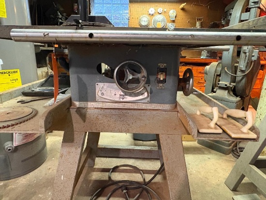 DELTA TABLE SAW, 10" CAT. NO. 34-400, S/N DG 5793 W/28" ROLLER FEEDER, WITH TENON JIG FIXTURE