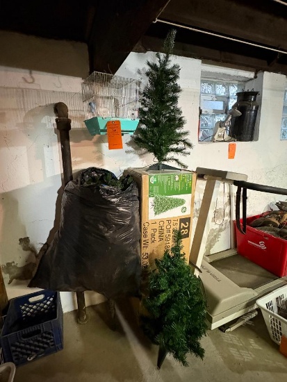 LOT WITH CHRISTMAS TREES AND VINTAGE BIRD CAGE