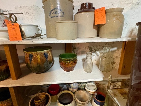 POTTERY PIECES: 10" JARDINAIRE, 7" POT, ROSEALE DAIRY GLASS MILK JAR, ETC