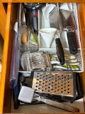 (6) KITCHEN DRAWER CONTENTS BELOW MICROWAVE TO INCLUDE: MEASURING CUPS,