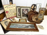 LOT OF VINTAGE PICTURES AND WICKER SERVING PIECES