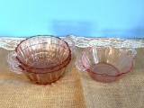 (2) ANCHOR HOCKING OLD CAFE PINK HANDLED CANDY BOWL/DISH AND (1) PINK