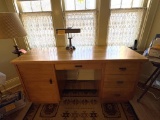 VINTAGE WOODEN DESK LOADED WITH SUPPLIES, MUST SEE ALL PIX: PENS, PENCILS, RULERS,