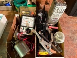 (2) BOXES WITH OIL CAN, BATTERY TESTER, STEEL WOOL, STAPLERS AND STAPLES, TV MOUNT, ETC.