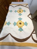 ANTIQUE HAND STITCHED YELLOW FLOWER BLOCK QUILT, 56