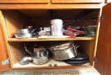 CABINET LOT OF COVERED CAKE PANS, MIRROR VINTAGE DOUBLE BOILER, REVEREWARE,