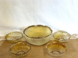 VINTAGE SALAD BOWL WITH (4) BOWLS, OPALESCENT AND GOLD TRIMMED