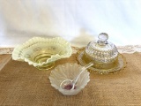 CUT GLASS YELLOW AND CLEAR PATTERNED BUTTER DISH, FENTON LIKE BOWL,