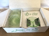 MOSSER GLASS, JENNIFER SET #5, GREEN, (4) PLATES AND (1) DIVIDED DISH