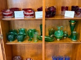 LOT OF GREEN CUT GLASSWARE, DEPRESSION GLASS (APPROX 13 PIECES ON SHELF)