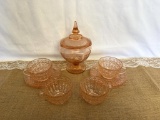 LOT OF (4) HOLIDAY BUTTON PINK DEPRESSION CUPS AND SAUCERS, AND (1) PINK PRINCESS