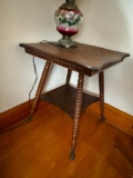 GLASS BALL FOOTED TABLE, WOODEN, APPROX 28