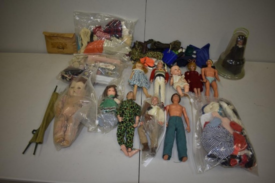BOX FULL OF VINTAGE DOLLS WITH CLOTHES &