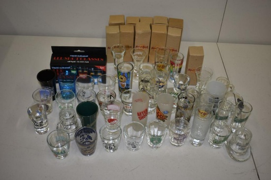 BOX WITH ASSORTED SOUVENIER SHOT GLASSES