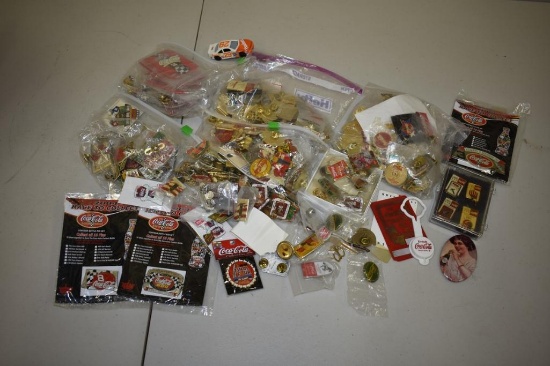 BOX WITH ASSORTED COCA-COLA PINS HUGE ASSORTMENT