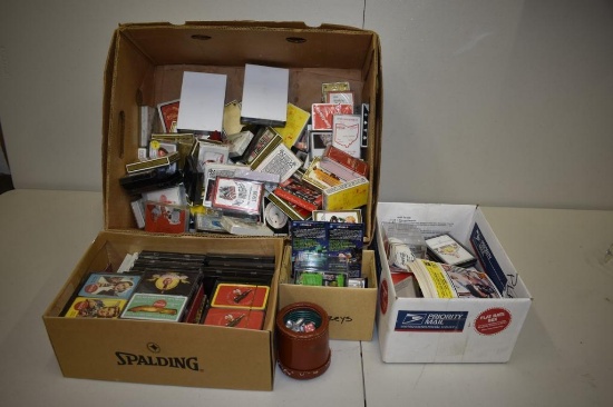 BOX WITH MISC. ITEMS, PLAYING CARDS, DICE, CHIPS ETC