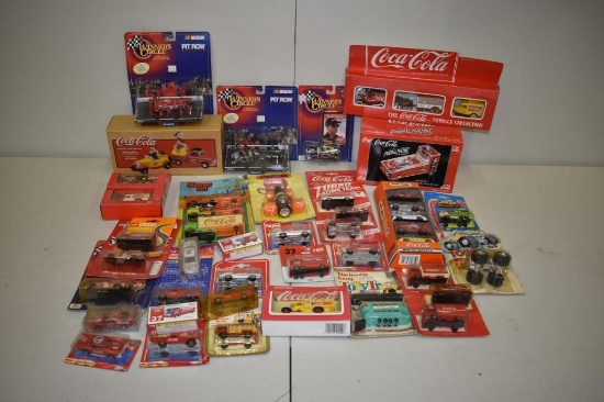 BOX WITH MISC ITEMS; PLATES, MINI TRUCKS, CARS ETC.