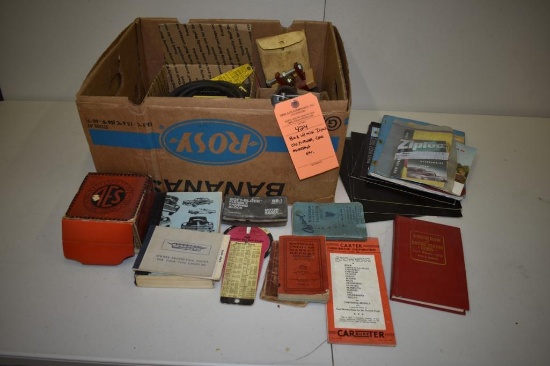 BOX WITH MISC ITEMS; OLD PICTURES, CAR, ASHTRAYS ETC.