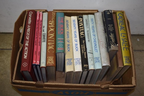 BOX WITH CAR BOOKS; 70 YEARS OF BUICK, CORVETTE, ETC.