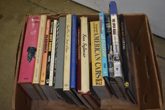 BOX WITH MISC. BOOKS, TRUCKS, AMERICAN CARS, ETC.