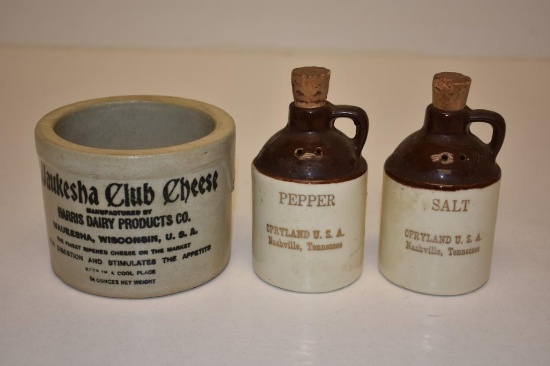 Vintage Waukesha Club Cheese Crock and Grand Ole Opry Stoneware Salt and Pepper Shakers